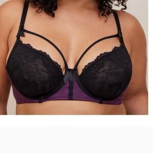 Women's Black and Purple Lace Bra